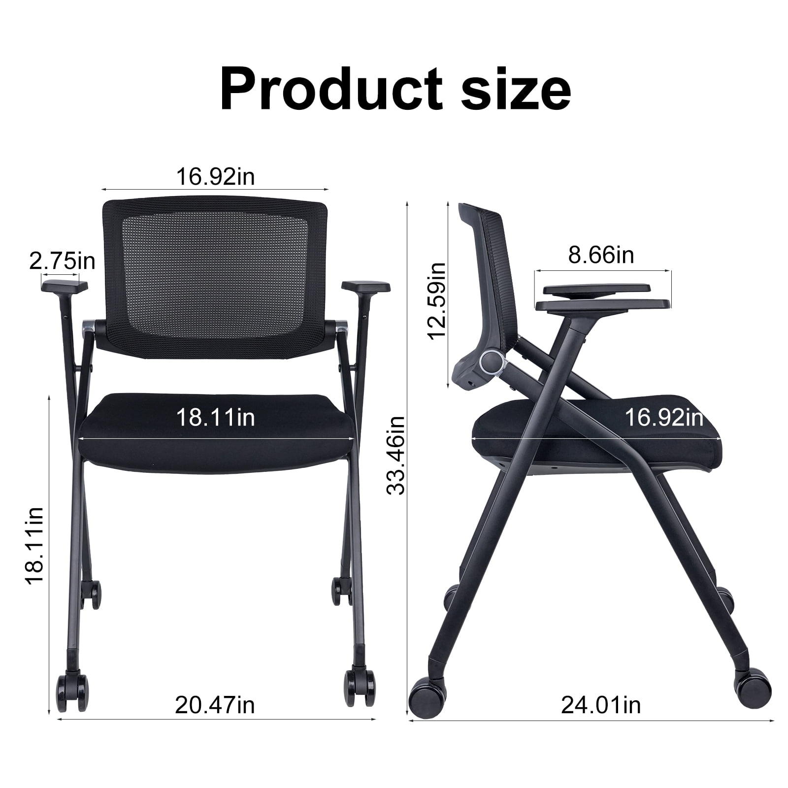 Upgraded Folding Office Chair Stackable Conference Room Chairs with Wheels and Padded Mesh Back Ergonomic for Reception Meeting, 2 Pack Black