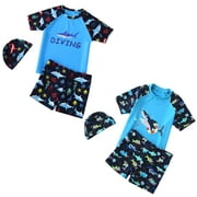 Volkmi 3pcs Polyester Boys Split Swimsuit Cartoon Swimsuit + Swimming Trunks + Swimming Cap Set 4-11 Years Old Swim Ring Shark XL 4-5 years
