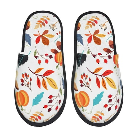Balery Autumn Pumpkins Fall Leaves Slient Indoor Furry Fleece Comfort House Shoes Soft Non-Slip Home Shoes Cotton slippers House Slippers-- Large