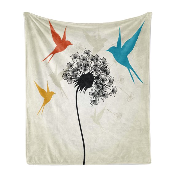 Birds Soft Flannel Fleece Blanket, Avian Animal Silhouettes with a Dandelion Scene from Nature Fauna and Flora Pattern, Cozy Plush for Indoor and Outdoor Use, 50" x 70", Multicolor, by Ambesonne