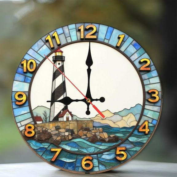 Stained Glass Lighthouse Wall Clock Decorative Home Accent 10-Inch Silent Wooden Wall Clock, Battery Operated (AA Batteries Not Included), Artistic Home Decor