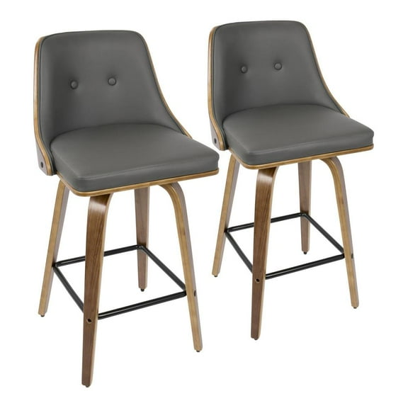 LumiSource Walnut Wood, Grey PU, Black Metal Gianna Counter Stool - Set of 2