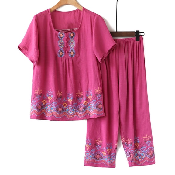Njoeus Pajama Sets for Women 2 Piece, Pajama Pants Women Women's 2 Piece Pajama Set Plus Size Lounge Sets Casual Floral Short-Sleeve Top Capris Pants Comfy Cotton Linen Summer Outfit Summer Sets for W