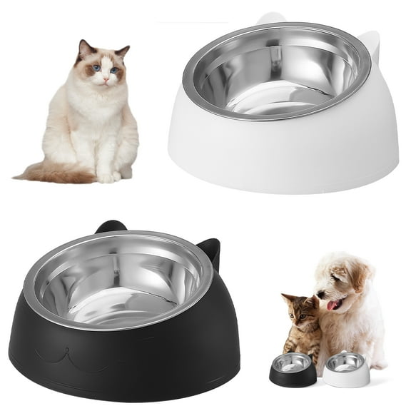 Prdigy 2PCS Tilted Pet Cat Bowls, Stainless Steel Puppy Cats Food Drink Water Feeder, with Non-slip Base Neck Protection Dish Bowl