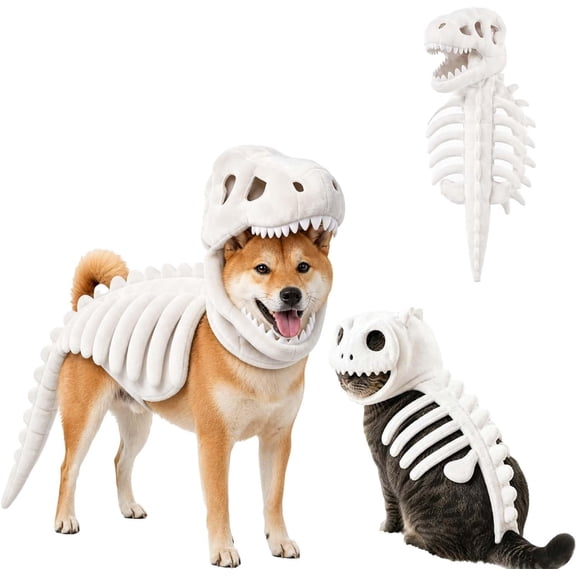 Rongyun Pet Dinosaur Costume, Soft Plush T-Rex Skeleton, Halloween Realistic 3D Dinosaur Skeleton Costume, Plush Halloween Pet Hood Outfit Pet Cosplay Clothes for Dog Cat White (35.4inch)