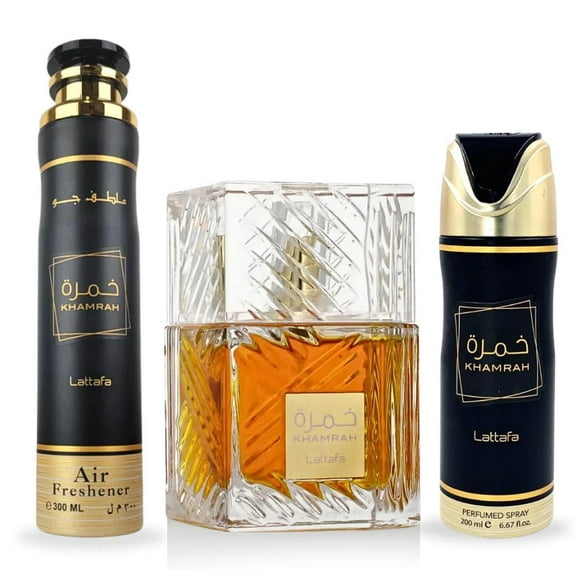 Set de regalo de perfume Lattafa Khamrah 100 ml EDP + 200 ml Deo + ambientador 300 ml