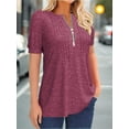 thumbnail image 2 of Women's Short Sleeve Summer Casual V-Neck Pleated T-Shirt with Zipper Design Solid Color Top, 2 of 4