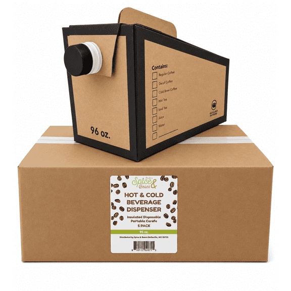 Disposable Coffee Beverage Dispenser 96 oz. 5 Count | Insulated Hot/Cold Bulk Beverage Server Carafe | Box of Joe to Go | Dasher's Spice & Beans