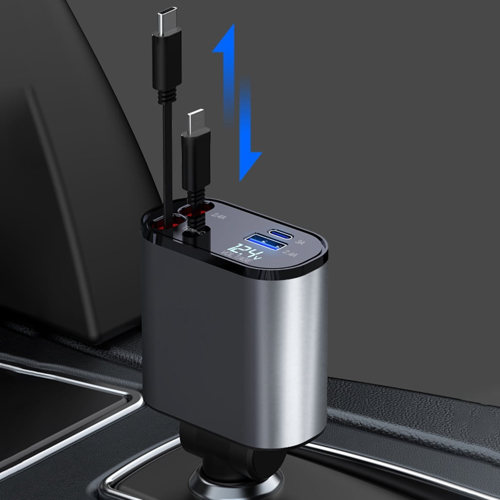 Retractable Cable 2 USB C Car Charging with Retractable Wire and Safe Charging