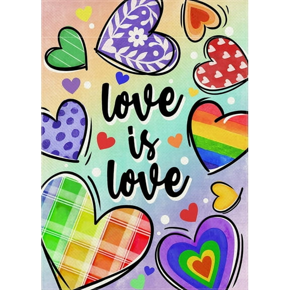 Pride Love is Love Decorative Garden Flag, Pastel Rainbow Hearts LGBTQ Gay Lesbian Yard Outside Decorations, LGBT Bisexual Pansexual Burlap Outdoor Small Home Decor Double Sided 12.5 x 18
