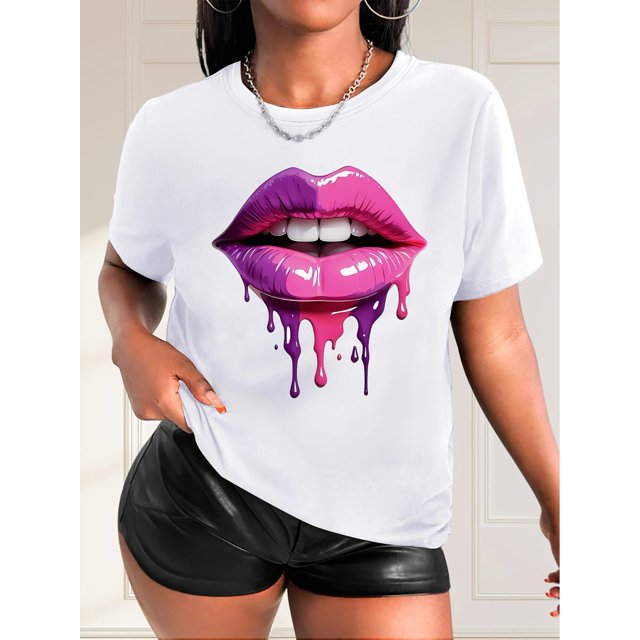 Women'S Casual Crew Neck Short Sleeve T-Shirt, Polyester Knit Fabric with Medium Stretch, with Colorful Lip Print, for Spring/Summer/Fall
