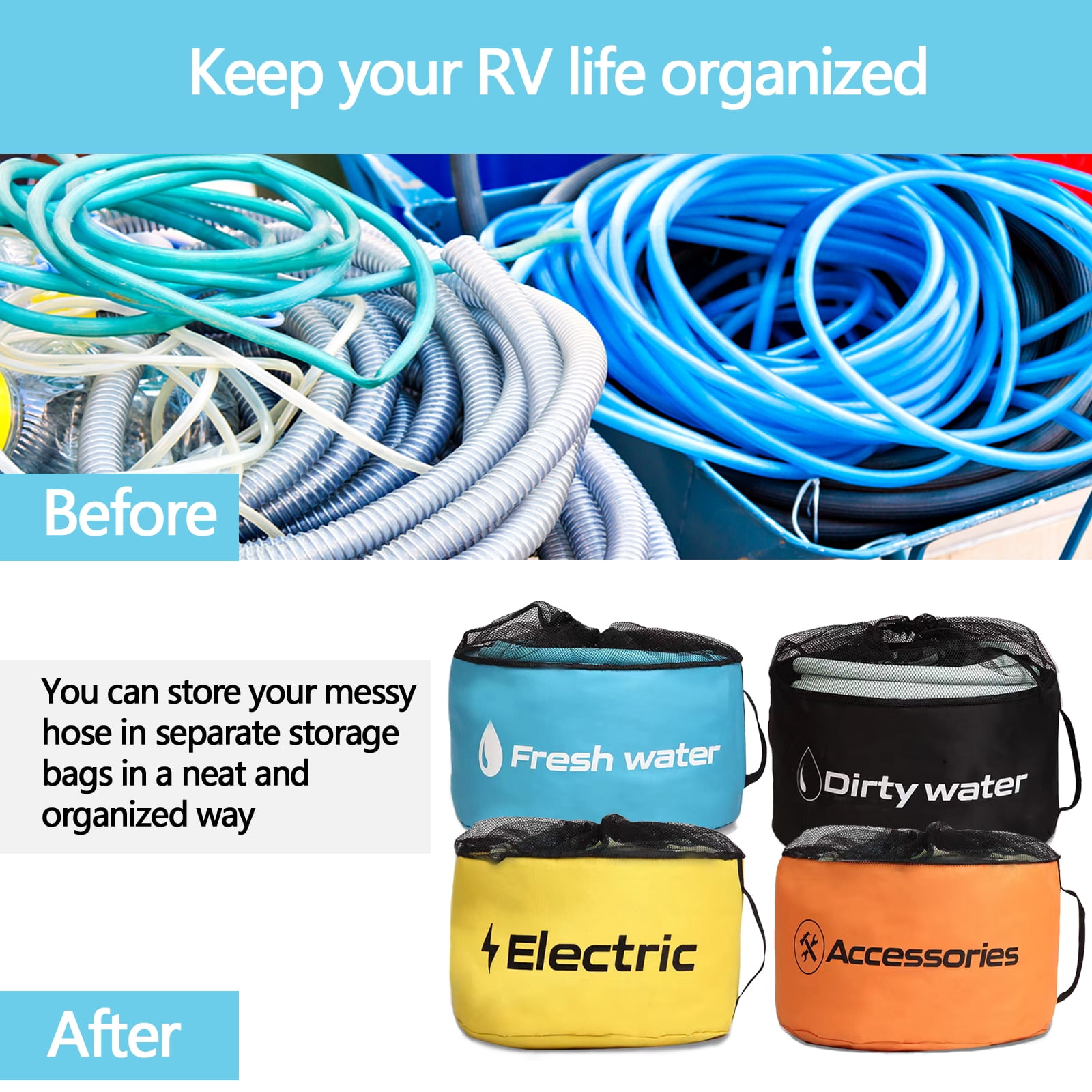 RV Hose Storage of 4 Pack, RV Accessories Storage Bag with 4 Storage Straps for Sewer Hoses/Fresh Water Hoses/Electrical Cords/Camper Tools Accessories