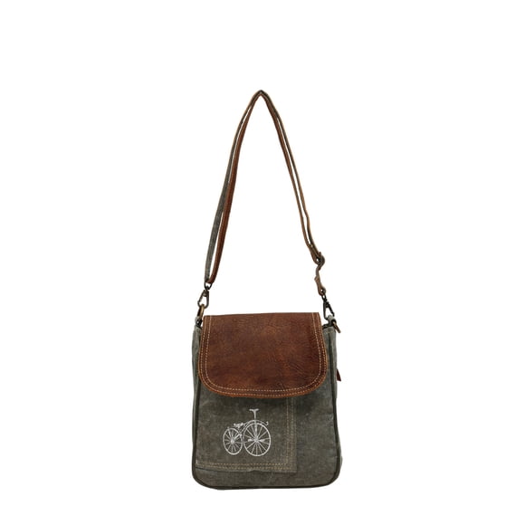 Vintage Bicycle Print Upcycled Canvas and Genuine Leather Crossbody Bag