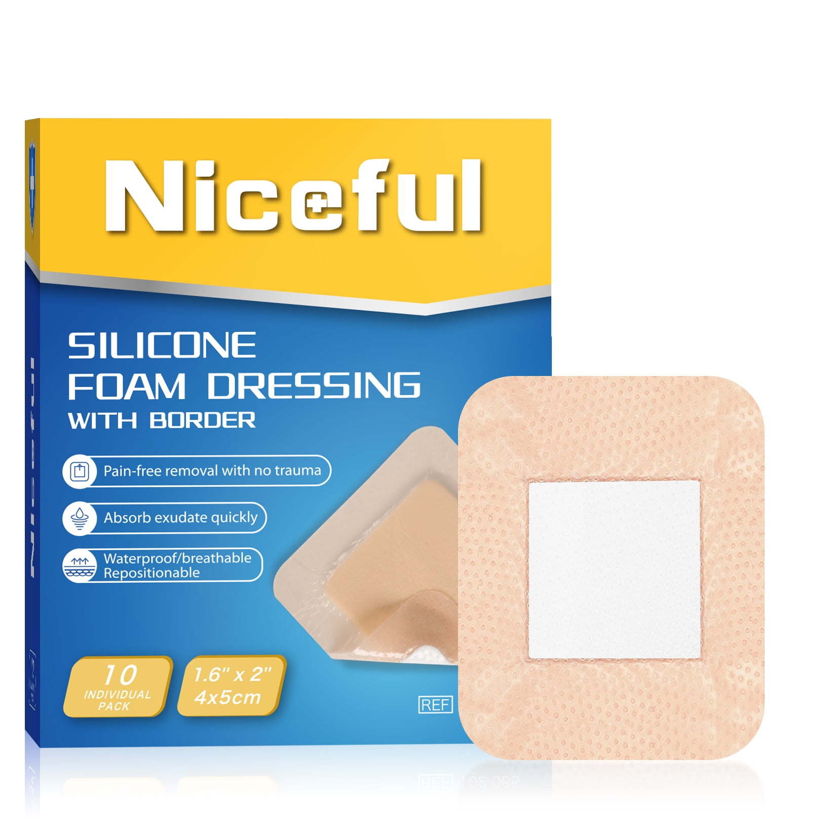 Niceful Silicone Foam Dressing 1.6"x2", Waterproof Absorbent Silicone Bandages for Wounds, 10