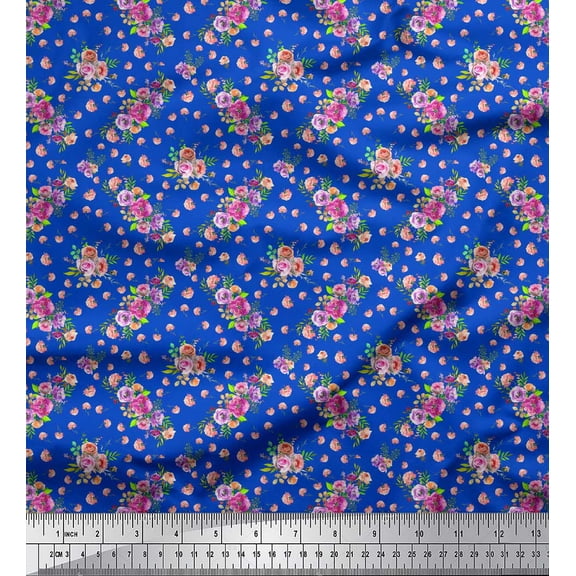 Soimoi Blue Silk Fabric Rose & Floral Printed Craft Fabric 1 Yard 44 Inch Wide