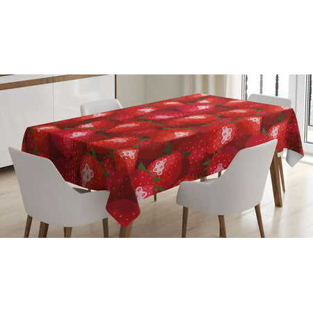 Red Decor Tablecloth, Fruit Theme Decorations for Home Illustration of Strawberries Pattern, Rectangular Table Cover for Dining Room Kitchen, 60 X 90 Inches, Jade Green and Red, by