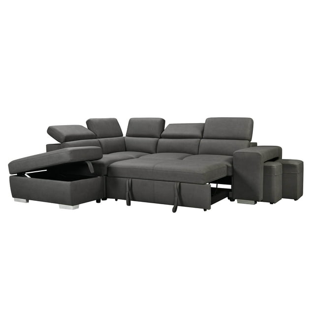 Urban Cali Pasadena Grand Sectionnel-Lit avec Ottomane de Rangement et 2 Tabourets (Noble Cement / Méridienne Orientée à Gauche)