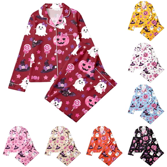JAJAHO Girls Halloween Pajamas Cute Kids Pumpkin Ghost Pajama Set 2 Piece Pjs Long Sleeve Sleepwear 3-14Y