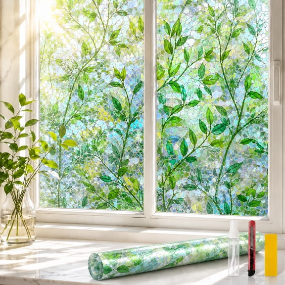 Rongsi , 17.5 x 78.7 In Decorative Privacy Window Film, 3D Static Cling Glass Sticker with Rainbow Leaf Pattern, Non-Adhesive & Reusable for Home Office