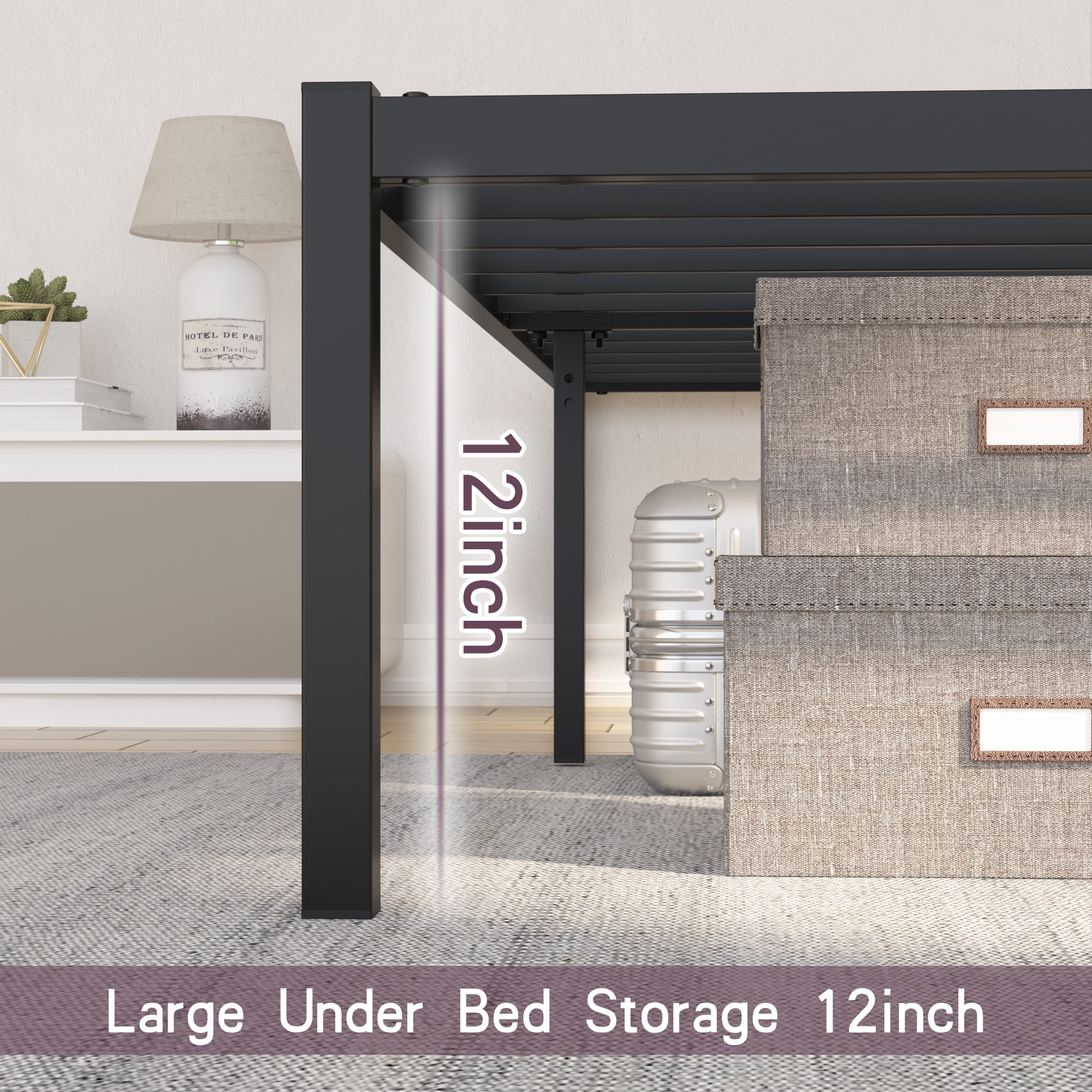 Yoneston 14" King Size Heavy Duty Metal Platform Bed Frame with Storage No Box Spring Black