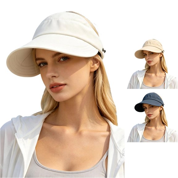 Women's Wide Brim Sun Visor Hat Hollow‑Top Ponytail Friendly Adjustable Summer Cap With Hook Lightweight Outdoor UV Protection Visor