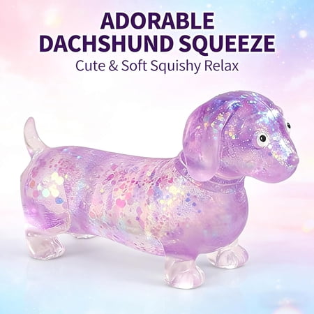 Dachshund Weiner Dog 4.3in Cute Mini Stress Relief Fidget Toy Soft TPU Silicone Squeeze Toy for Adults Kids Anxiety Relief Purple