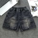thumbnail image 2 of Niñas Pantalones Cortos de Denim Color Sólido Cintura Elástica Casual Multi Bolsillo Shorts de Ropa de Trabajo para Niños Verano, 2 of 9