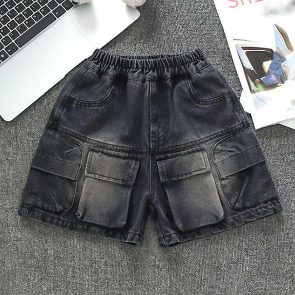 DAETIROS Girls Cargo Shorts Faded Black Denim Elastic Waist Loose Fit Vintage Wash Youth Summer Sizes 6-16,Size 14-15T