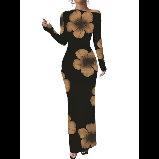 Vestidos Largos Ajustados con Frunces, de Larga y Estampado Floral para Mujer, para Fiesta, Club y Otoño/. Flores Amarillas XL