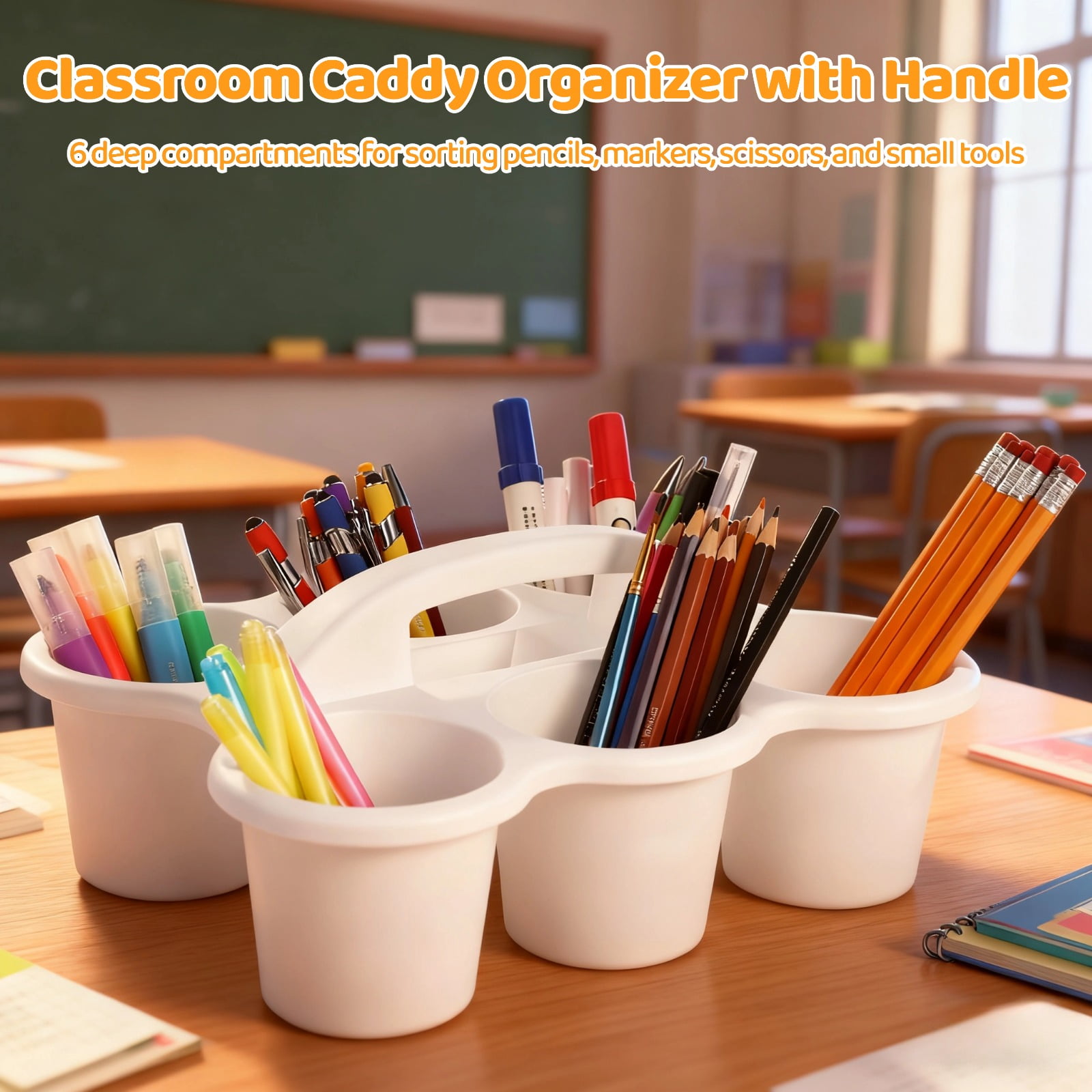 4 Pack Plastic Classroom Caddy Organizer – 6-Compartment Desk Storage Bin with Handle, Portable Art Supply & Pencil Holder for Teachers, Students, Office & Home