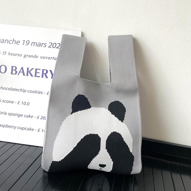 Bolso de hombro tejido con panda lindo y versátil para primavera y verano, bolso de mano de gran capacidad para estudiantes que viajan diariamente