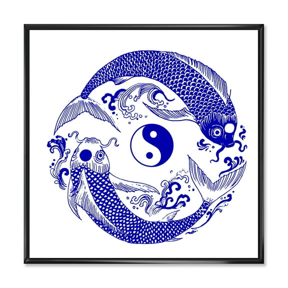 Designart 'Blue Chinoiserie Koi Fish II' Traditional Framed Canvas Wall Art Print