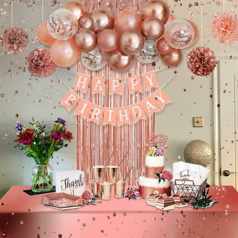Birthday Decorations for Women Girls, Rose Gold Birthday Party Decorations,  Rose Gold Balloons Happy Birthday Banner Tablecloth Paper Pom Poms Foil