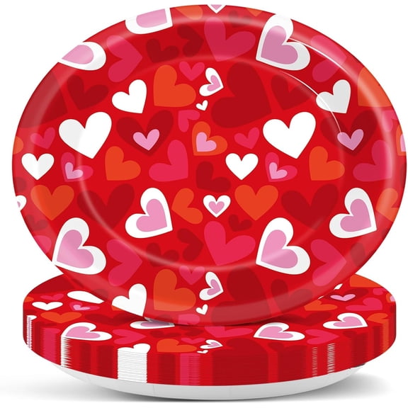 50Pcs Valentine's Party Oval Plates 11 Inch Disposable Heart Paper Plates Valentines Tableware Dinnerware Set Red Pink Platter Dish Tray for Bridal Shower Wedding Party Decor Supplies