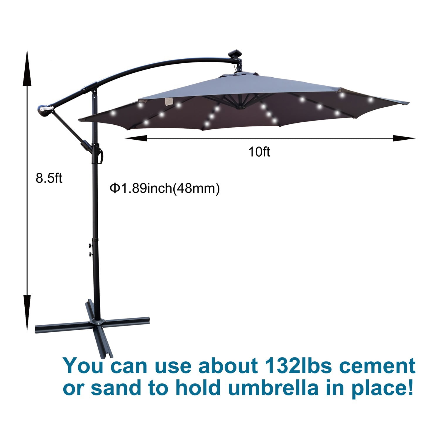 Canddidliike 10' Solar 24 LED Lighted Umbrella with 8 Ribs,Crank and Cross Base - Gray