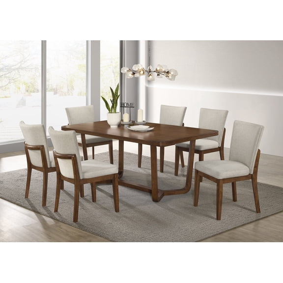 7pc Beige/Brown Dining Set Rich Wood Finish Table Curved Chairs Furniture
