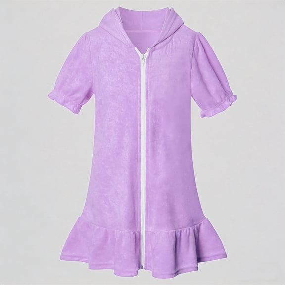 REDARER Girls' Terry Cloth Swim Cover-Up, Short Sleeve Hooded Zip-Up Ruffled Beach Dress, Summer Bathing Suit Coverup for Kids,6-7 Years