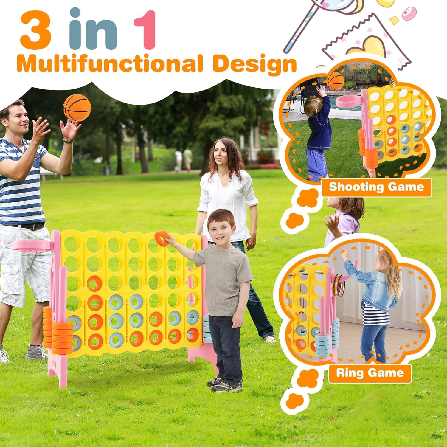 HJTER Jumbo 4-to-Score Giant Game Set for Kids & Adults, 2.5Ft Indoor Outdoor Game with Basketball Hoop, Ring Game, 42 Jumbo Rings, Quick-Release Slider, Perfect for Birth & Holiday Party