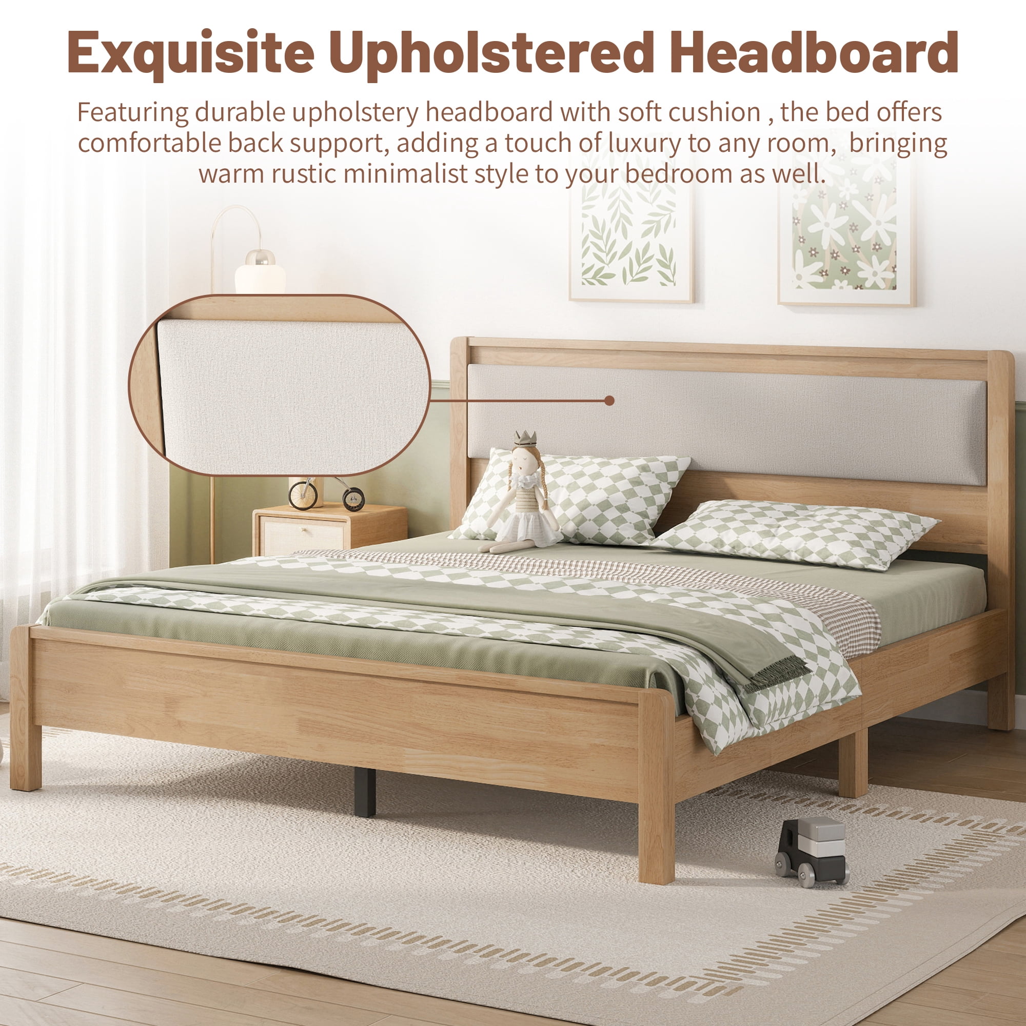 HOQBN Queen Solid Rubberwood Bed Frame with Upholstered Headboard, Reinforced Central Support Legs for Bedroom Natural