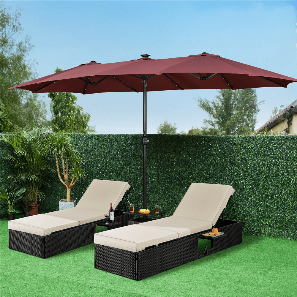 Renwick 15 ft Twin Patio Parasol Umbrella with Base & LED Lights, Burgundy