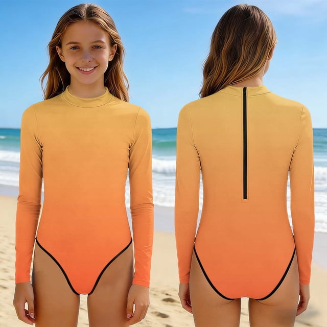 Girls Swimsuit Gradient One Piece Swimsuits Long Sleeve Bathing Suits Vacation Beach Swimwear with Back Zipper for 2-13 Years