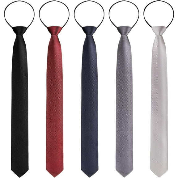 5 Pieces Mens Zipper Ties 19inch Pre Tied Adjustable Neckties Solid Color Skinny Necktie Thin Slim Tie for Office School Wedding Party Uniforms, Black, Navy, Gray, Silver Gray, Dark Red