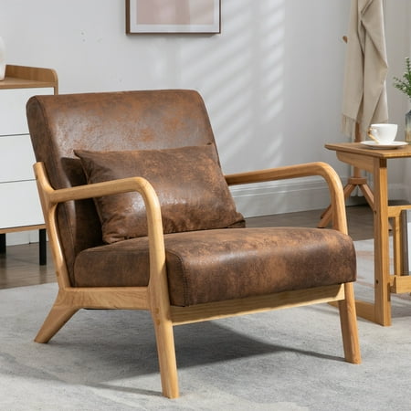 Aukfa Mid Century Modern Accent Chair w/ Lumbar Pillow for Living Room, Wood Frame, Leather, Brown