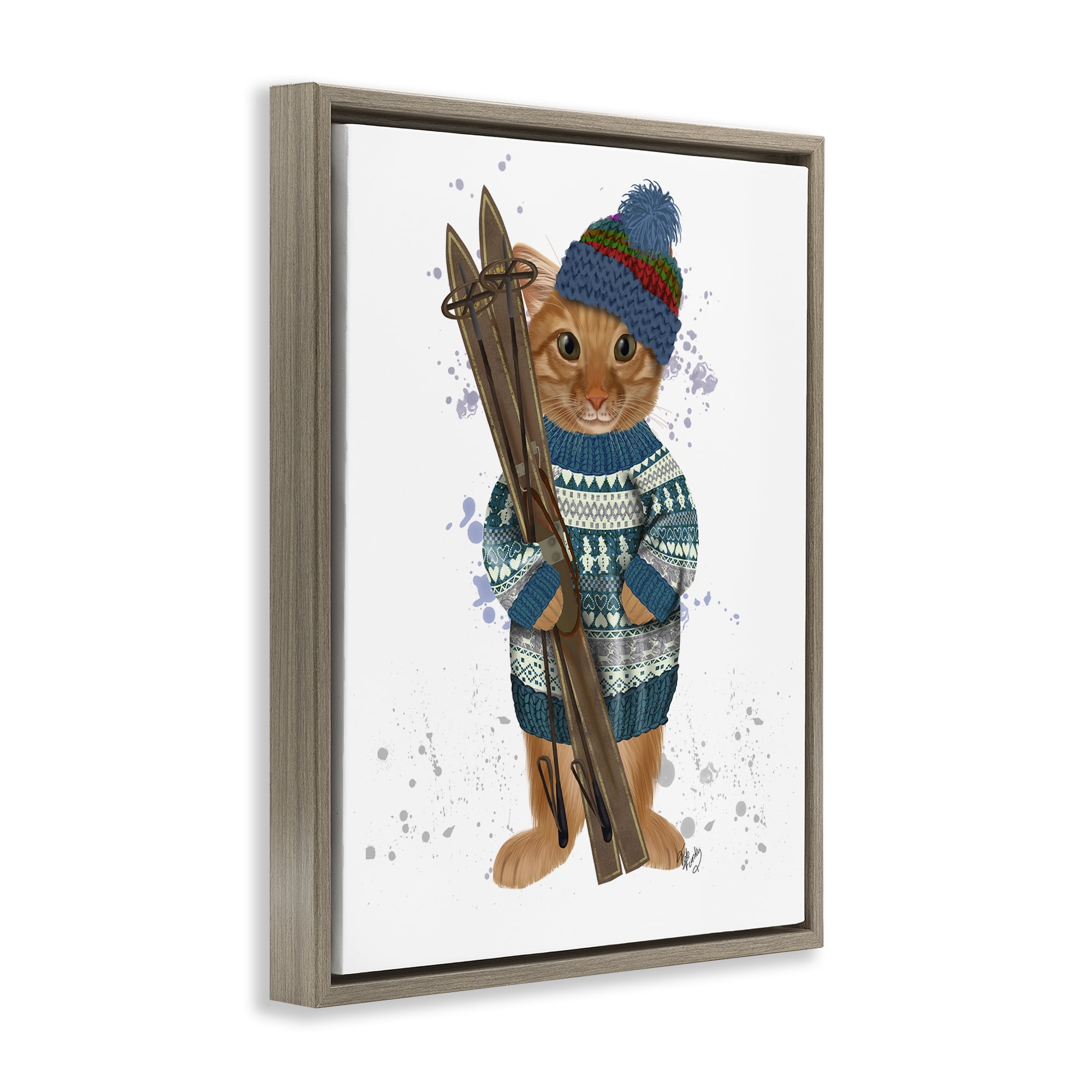 Stupell Industries Cat with Winter Skis Animals & Insects Painting Brown Floater Framed Canvas Art Prints Wall Art, 17 x 21