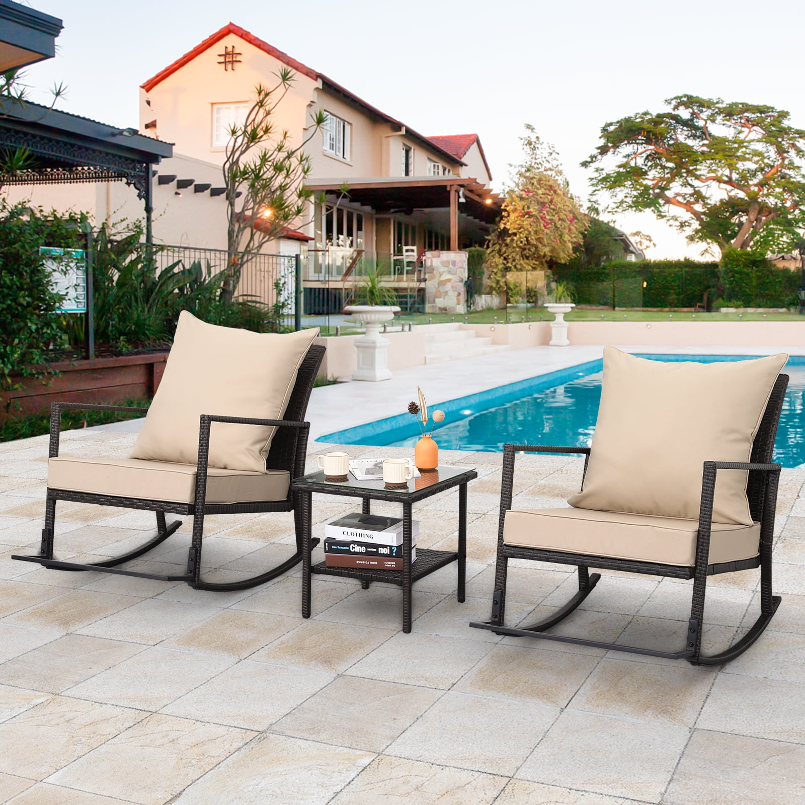 3Piece Outdoor Rocking Wicker Bistro Set With Cushions X X