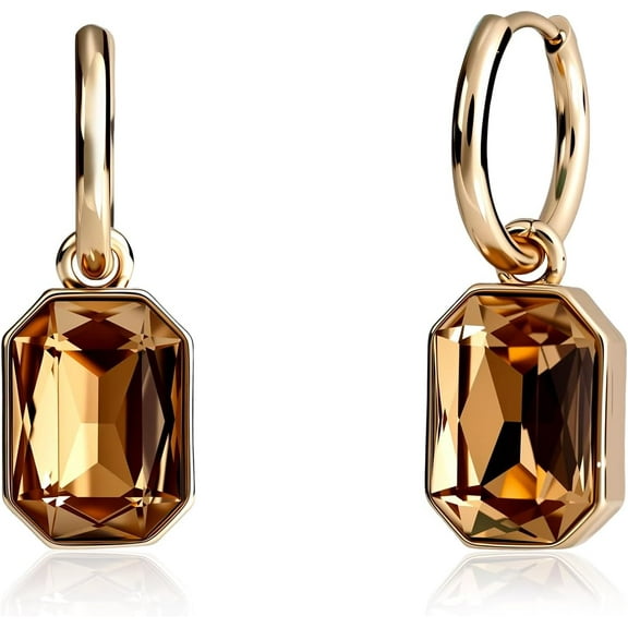 Gold Hoop Dangle Earrings - Brown Stone  Drop Earrings, Hypoallergenic Vintage Hoop Earrings for Formal & Daily Wear