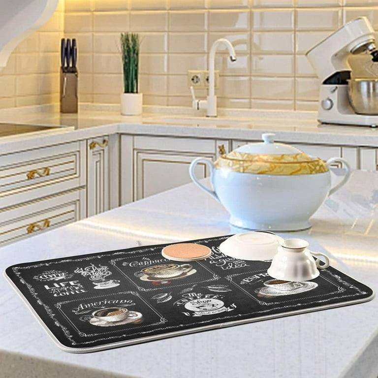 Black Coffee Bar Dish Drying Mats for Kitchen Counter 18x24 Inch
