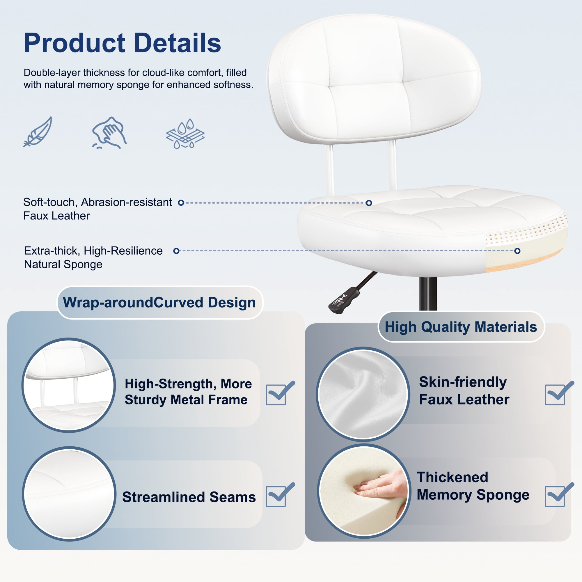 Misolant Vanity Chair with back, Small Armless Cute office Chair with wheels and Lumbar support, Comfy PU Leather Desk Computer Chairs with Adjustable Height, 360°Swivel for Home Bedroom Office