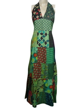 Mogul Womens Green Halter Cotton Maxi Dress Floral Print Boho Chic Gypsy Sundress S/M