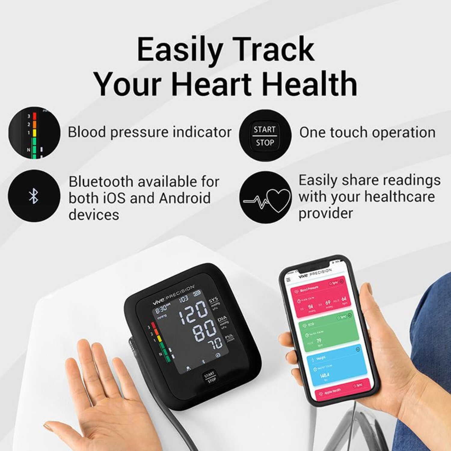 Vive Precision Upper Arm Blood Pressure Monitor (Model: BT-S) – Includes App for iOS & Android Compatibility